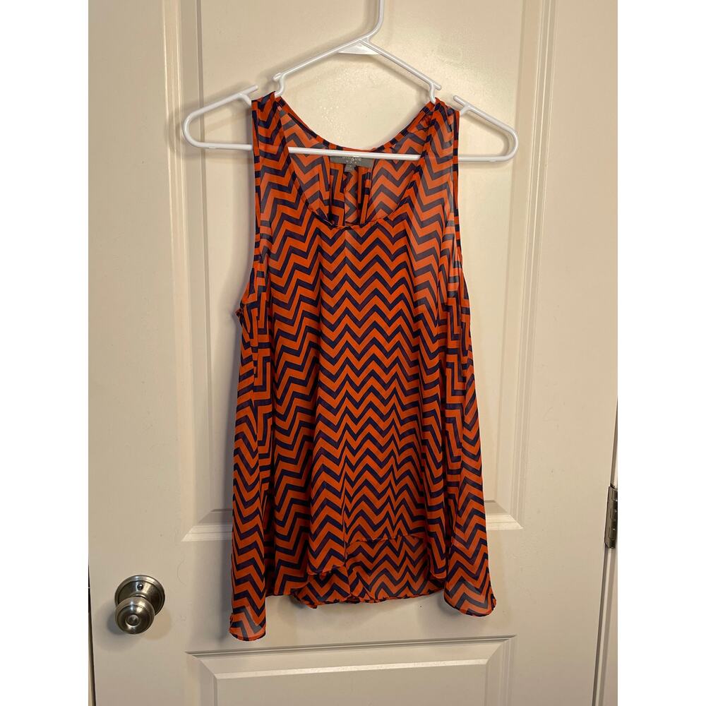 Umgee orange w/navy blue chevron sheer blouse size small